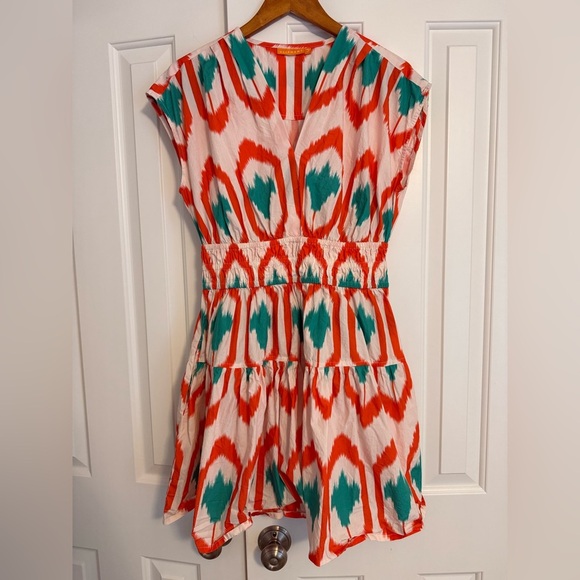 Oliphant Smocked Waist Mini Dress in Odisha Coral Print Women's Sz S Orange Teal - Picture 3 of 14